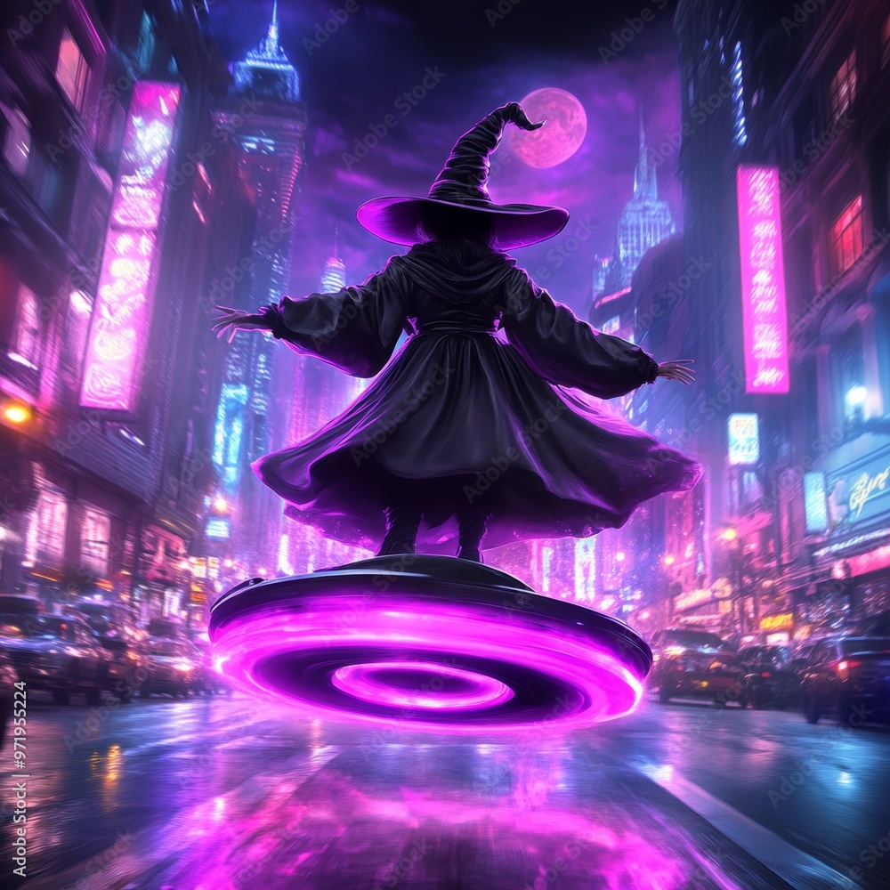 Obraz premium Witch Flying on Magic Circle in Neon City