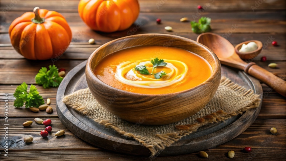 Creamy pumpkin soup served in a rustic wooden bowl, soup, pumpkin, creamy, wooden, bowl, autumn, warm, comfort, food Creamy pumpkin soup served in a rustic wooden bowl, soup, pumpkin, creamy, wooden, bowl, autumn, warm, comfort, food