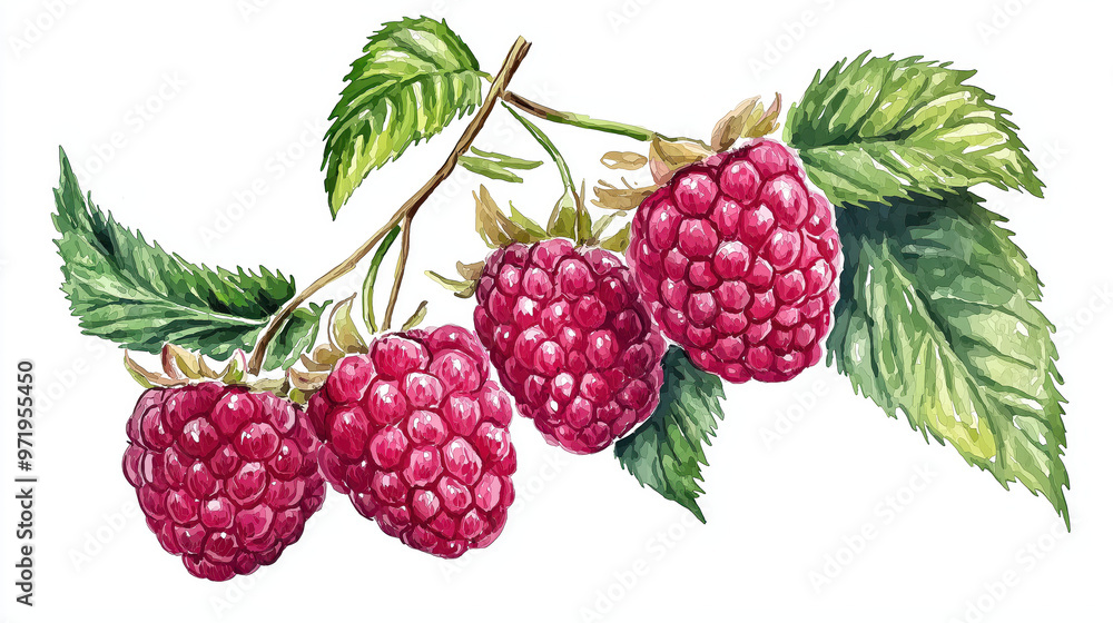 A beautiful illustration of ripe raspberries on a branch with vibrant green leaves, showcasing nature's bounty and freshness. A beautiful illustration of ripe raspberries on a branch with vibrant green leaves, showcasing nature's bounty and freshness.