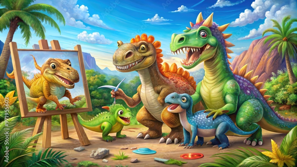 Whimsical illustration of smiling prehistoric creatures, including T-Rex, Triceratops, and Stegosaurus, gathered around an easel, creating colorful artwork with crayons and paints. Whimsical illustration of smiling prehistoric creatures, including T-Rex, Triceratops, and Stegosaurus, gathered around an easel, creating colorful artwork with crayons and paints.