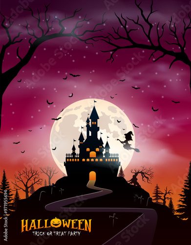 Poster Halloween, latar belakang malam awan merah dengan kastil menyeramkan dan ilustrasi bulan purnama disertai penyihir terbang. Kartu ucapan perayaan Halloween, poster pesta Halloween.