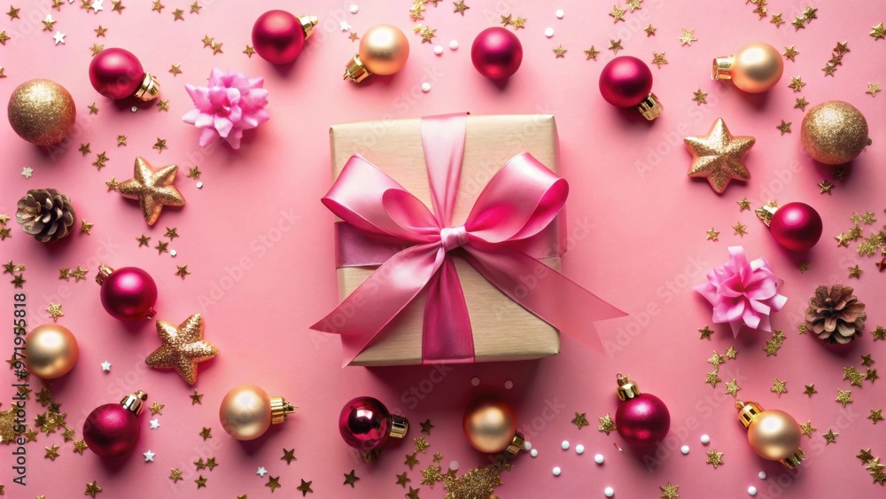 Top view of a Christmas gift with a bow on a pink background surrounded by scattered Christmas toys, Christmas, gift, bow Top view of a Christmas gift with a bow on a pink background surrounded by scattered Christmas toys, Christmas, gift, bow