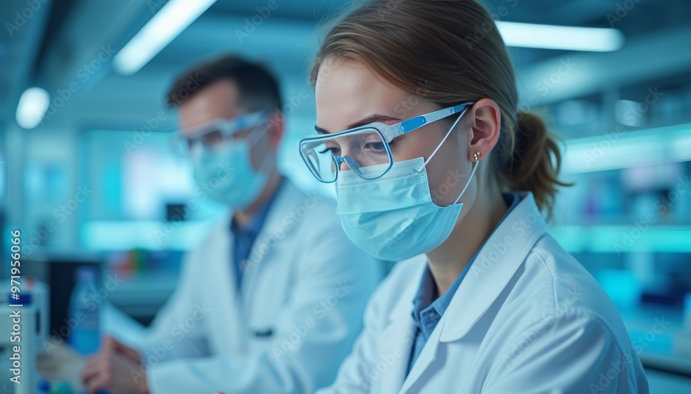 Scientists in lab focused on research wearing protective gear Scientists in lab focused on research wearing protective gear