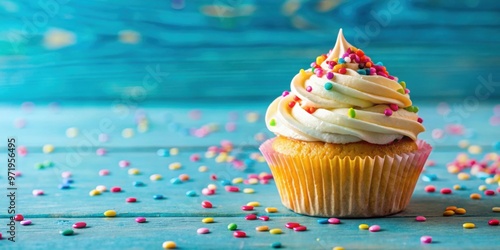 Delicious birthday cupcake with colorful sprinkles on a table, birthday, cupcake, dessert, celebration, tasty, sweet, treat