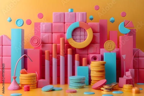 3d rendering of pink and blue geometric shape with coins and pie chart - Generated AI