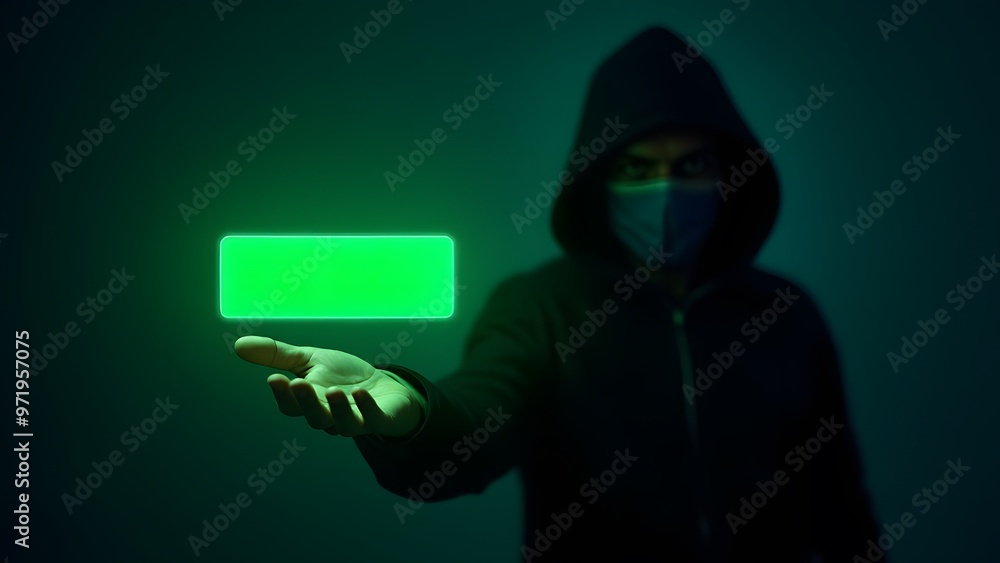 A masked figure holds a glowing green button in a digital setting, suggesting hacking or cyber threats A masked figure holds a glowing green button in a digital setting, suggesting hacking or cyber threats