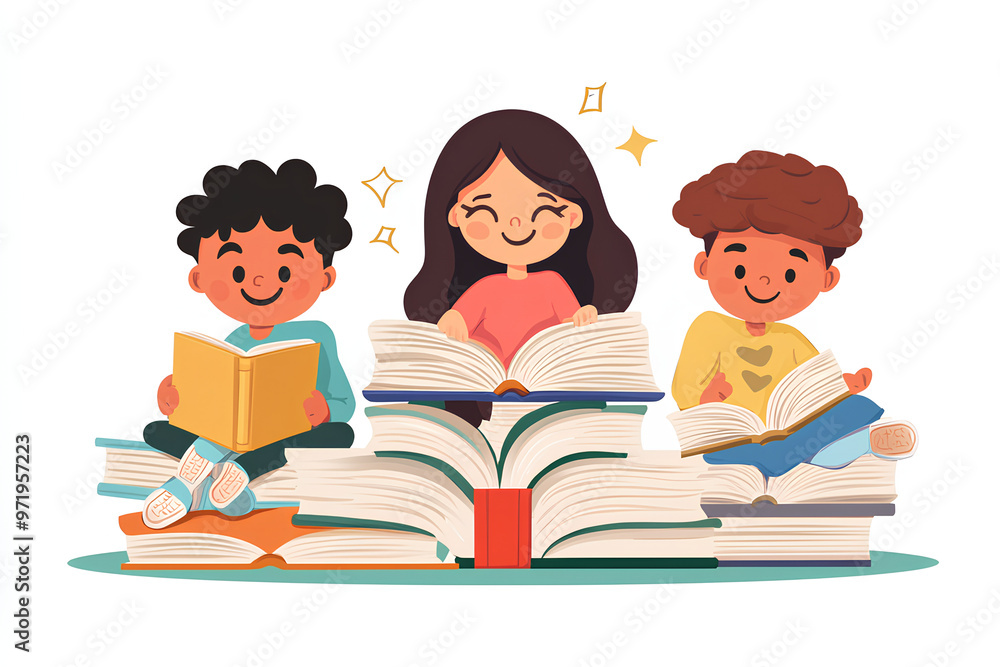 Three children happily reading books while sitting on a pile of books. Three children happily reading books while sitting on a pile of books.