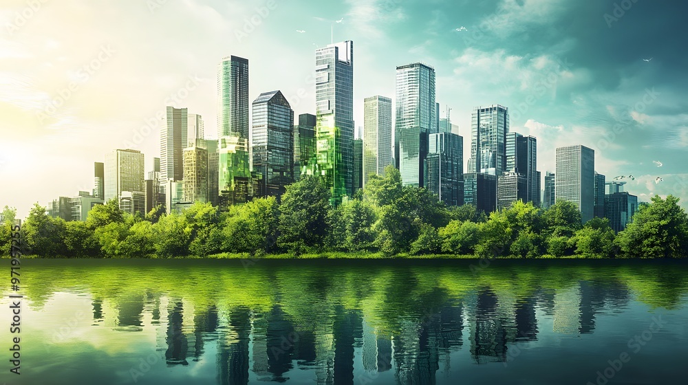 Cityscape with Green Trees and Water Reflection Cityscape with Green Trees and Water Reflection