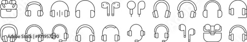 Pack of Line Icons of Headphones and Earphones. Editable Stroke. Minimalistic Linear Pictogram for Design of Cards, Apps, Banners, Posts