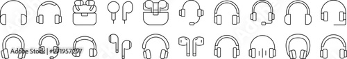 Headphones and Earphones Outline Web Line Icons Collection. Editable Stroke. Minimalistic Linear Pictogram for Design of Cards, Apps, Banners, Posts