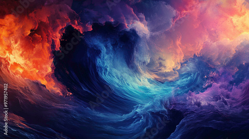 A stunning abstract illustration of bright orange and dark blue waves colliding with bright purple and pink, conveying the volatility and chaos in financial markets.