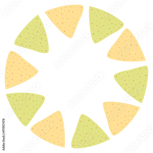Spinach and corn nachos Abstract round frame Copy space Lettering template Nachos Day greeting idea