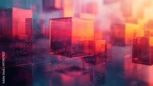 Abstract Red Glass Cubes with Reflection on a Shiny Surface