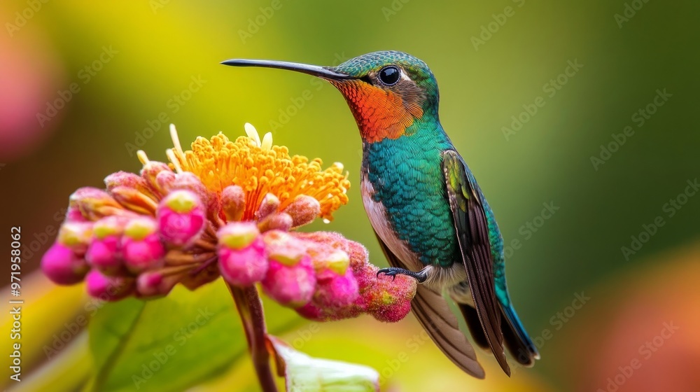 Fototapeta premium macro photo of a hummingbird perches on a flower with its beak open