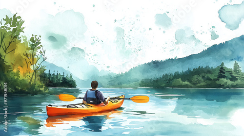 Fototapeta Naklejka Na Ścianę i Meble -  A peaceful watercolor scene of a person kayaking on a serene lake surrounded by mountains and lush greenery.