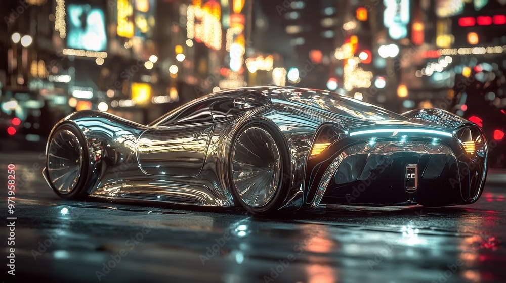 Futuristic Sports Car in Cityscape with Bokeh Lights Futuristic Sports Car in Cityscape with Bokeh Lights