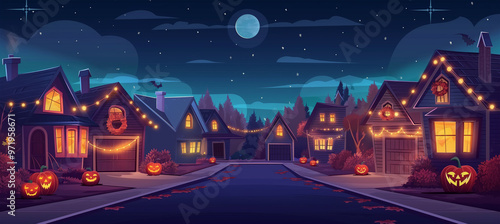 The Halloween street houses. Suburban houses, game background, Illustration