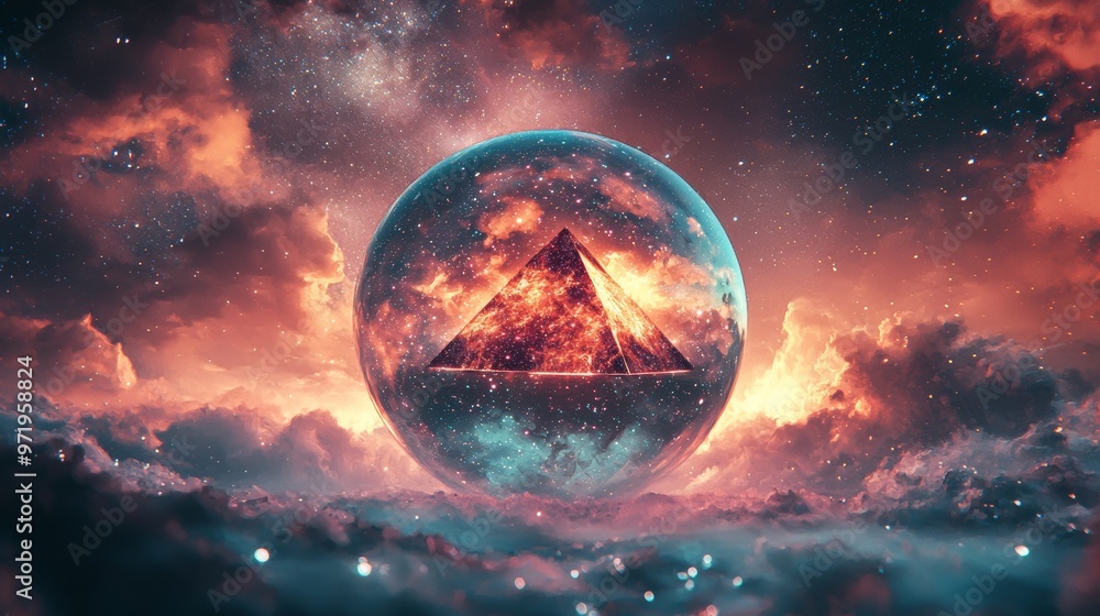 Mystical Pyramid in a Cosmic Sphere Above Clouds Mystical Pyramid in a Cosmic Sphere Above Clouds