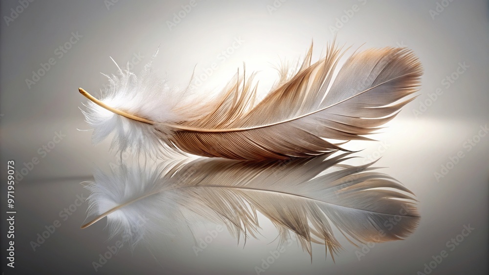White and brown feather on gray and white background with light reflection White and brown feather on gray and white background with light reflection