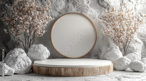 abstract backgroun with white cobblestone ruins broken rocks an golden frame modern minimal showcase with empty cylinder podium for product presentation photo