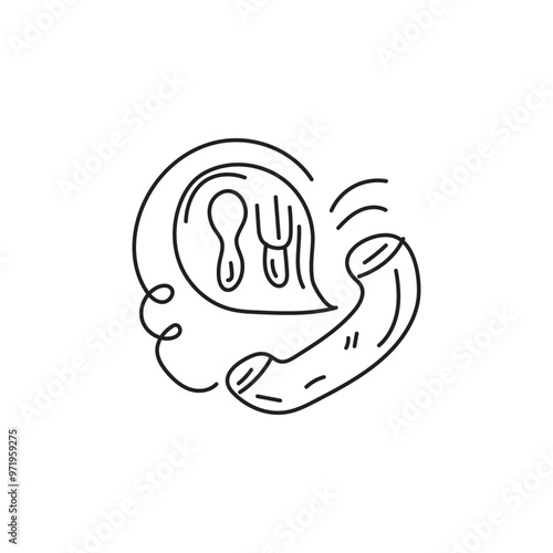 Doodle drawing of a phone with a speech bubble of a plate, fork, knife and spoon. Concept of food delivery, ordering food, restaurant service, takeaway, online food ordering.