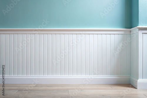 White beadboard or wainscoting with light blue wall paint