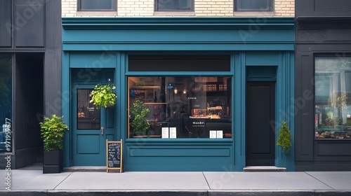 Teal storefront with a window displaying the interior of a shop photo