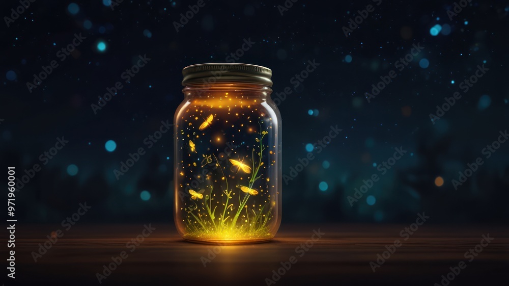 realistic illustration about fireflies inside the jar in the beautiful night view realistic illustration about fireflies inside the jar in the beautiful night view