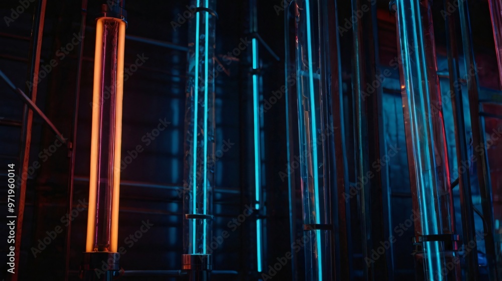 Fototapeta premium Vibrant neon tubes illuminate a dark industrial space with blue and orange colors during a nighttime setting