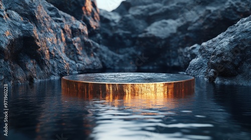 abstract black geometric backgroun with golden roun disk black coal rocks cobble stone ruins an water reflection modern showcase scene for product presentation photo