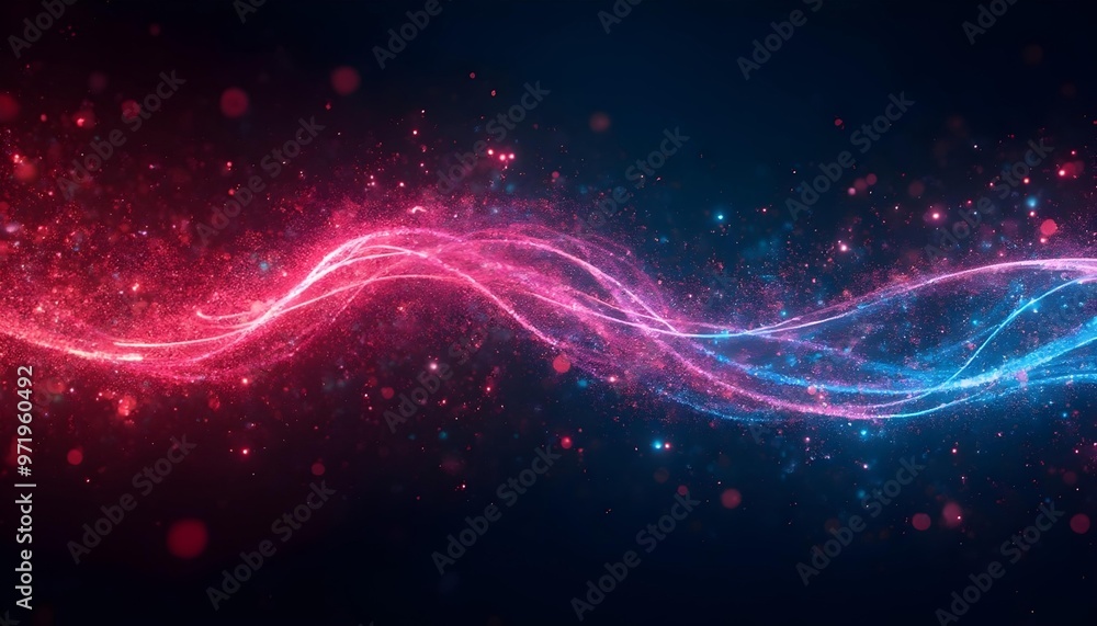 Fototapeta premium Colorful abstract waves of energy or data, with glowing particles and bokeh effects in a dark background