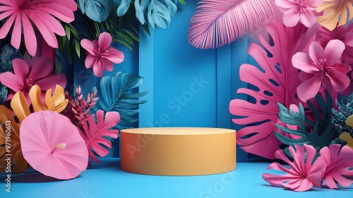 abstract blue backgroun with roun pink boar an empty yellow podium decorate with tropical paper leaves modern showcase for product presentation photo