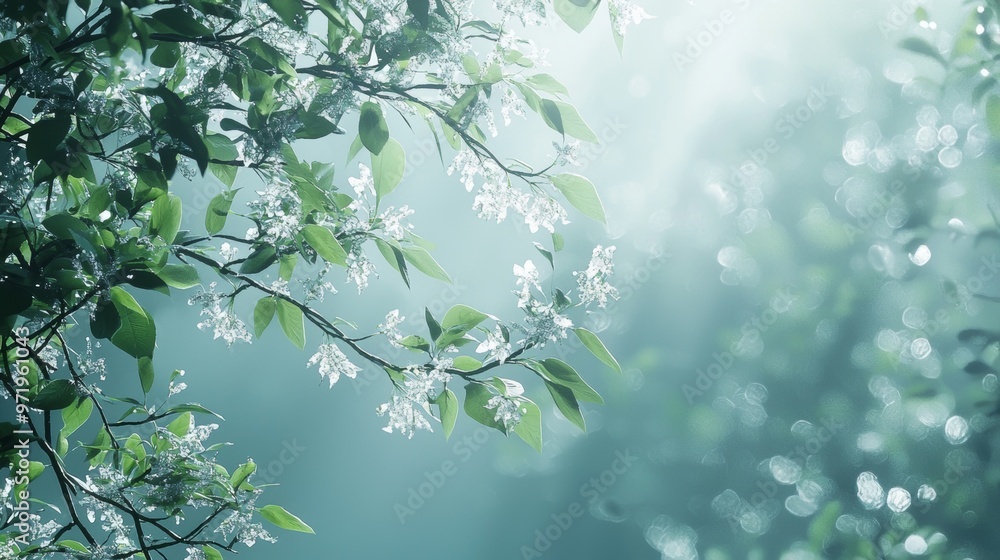 Delicate White Flowers and Green Leaves on a Soft Blue Background Delicate White Flowers and Green Leaves on a Soft Blue Background