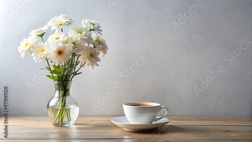 Wallpaper Mural White flowers in a vase on the table with a cup of coffee reflected Torontodigital.ca