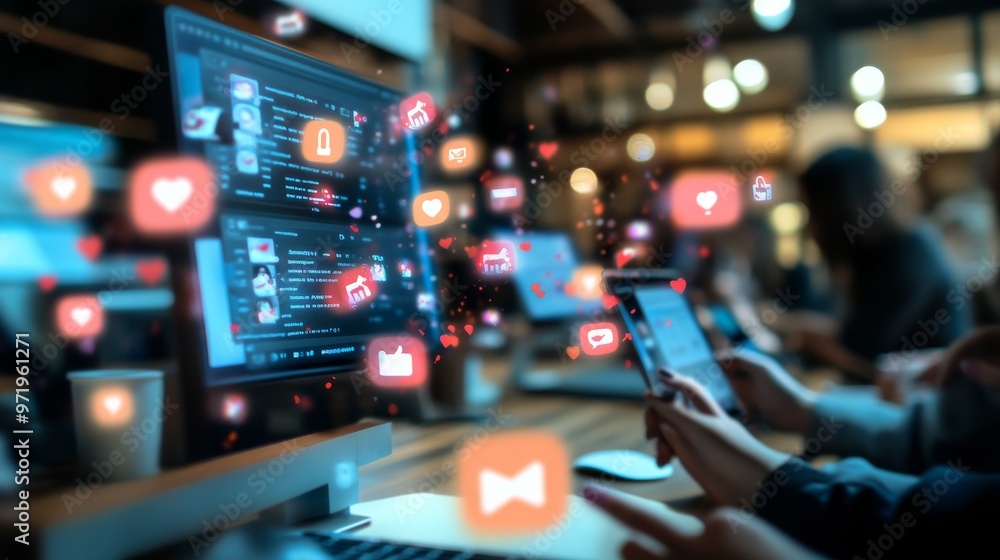 A bustling social media feed with a focus on trendy memes being liked and shared A bustling social media feed with a focus on trendy memes being liked and shared