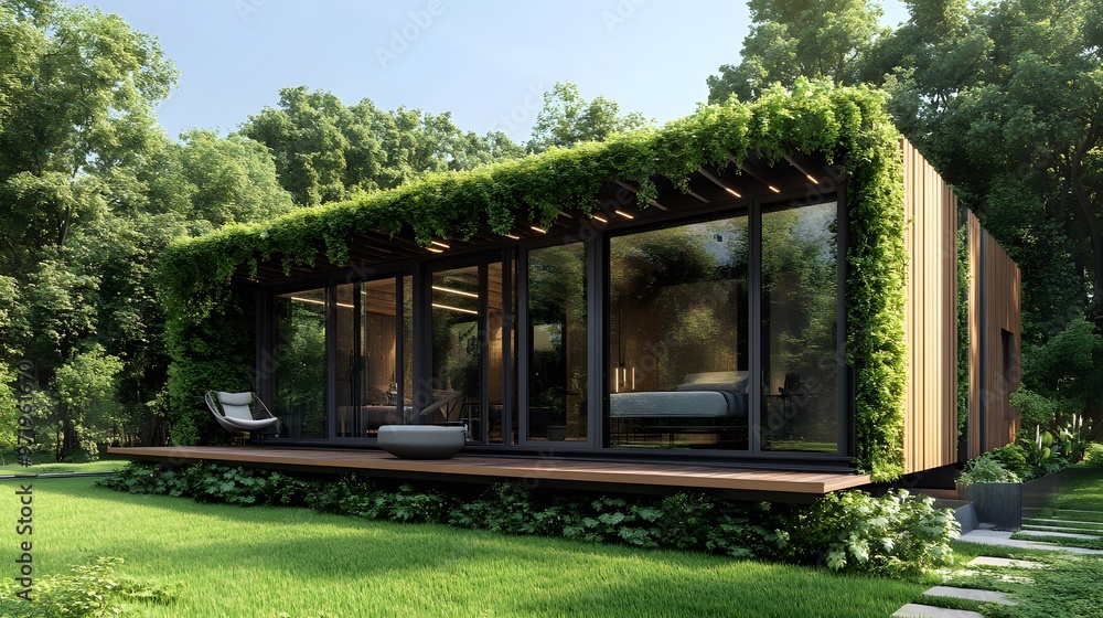 Modern Wooden Cabin with Green Roof and Patio Surrounded by Lush Trees Modern Wooden Cabin with Green Roof and Patio Surrounded by Lush Trees