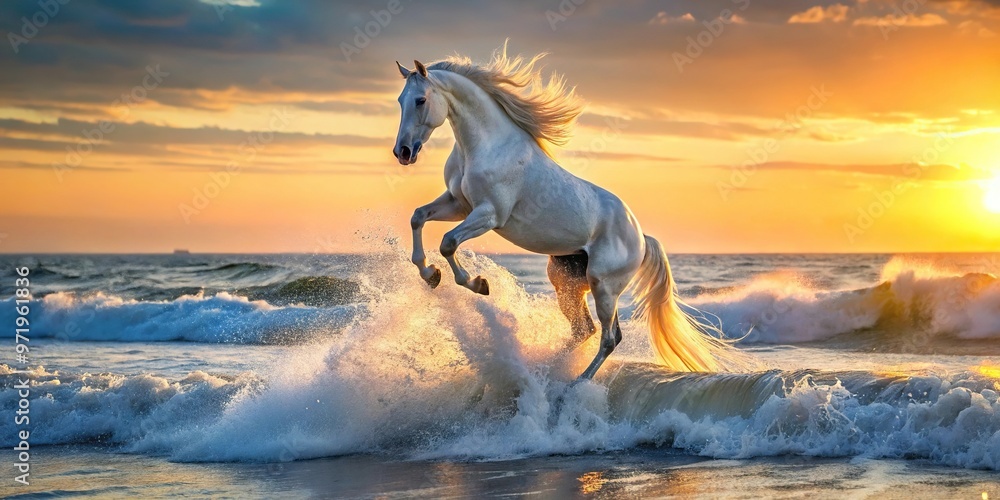 White horse rearing in splashes of sea waves at sunset low angle view White horse rearing in splashes of sea waves at sunset low angle view