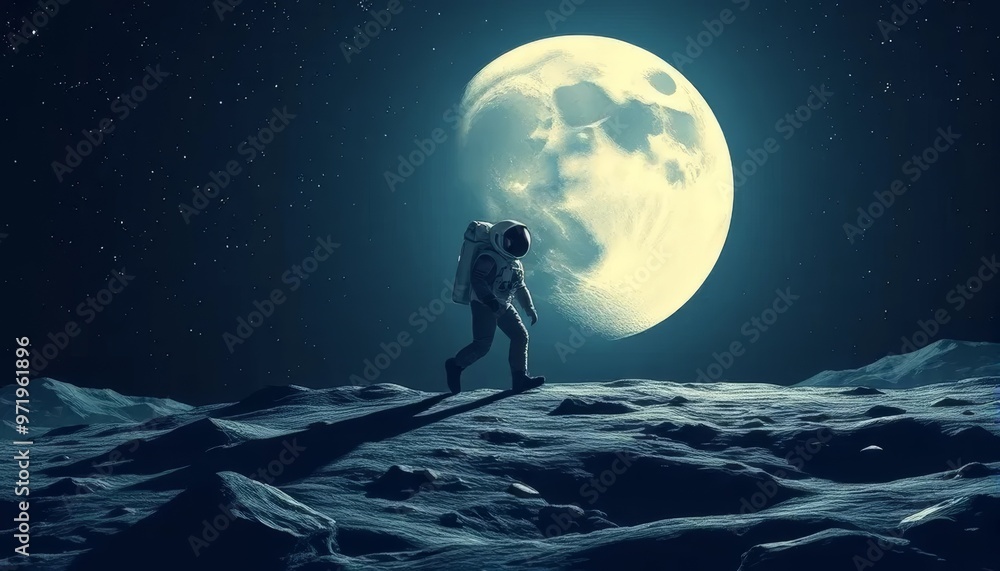 Obraz premium Astronaut Walking on the Moon Under Full Moonlight