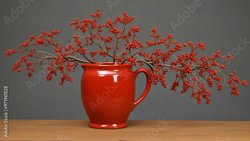 Branch of red rambler by antique pottery Teacup Saucer red leaves dark gray background,