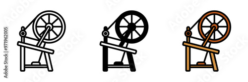 Spinning Wheel icon, A traditional tool used for spinning fibers into yarn, crucial for knitting, weaving, and textile creation.