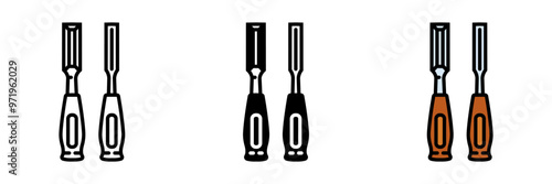 Woodworking Chisel Icon, A hand tool with a sharp, beveled edge used for carving or shaping wood, essential in woodworking or carpentry.