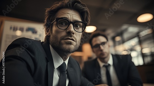 Eccentric and quirky employees - low angle shot - at their desks - frustrated - aggravated - retro style office - vintage decor - ultr cool  photo