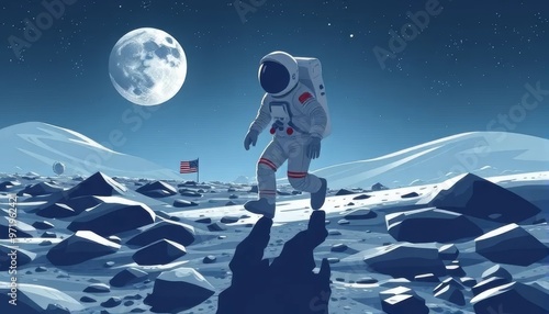 Astronaut Walking on the Moon Under Full Moonlight