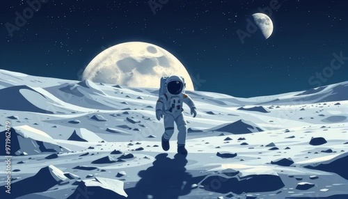 Astronaut Walking on the Moon Under Full Moonlight