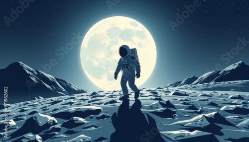 Astronaut Walking on the Moon Under Full Moonlight