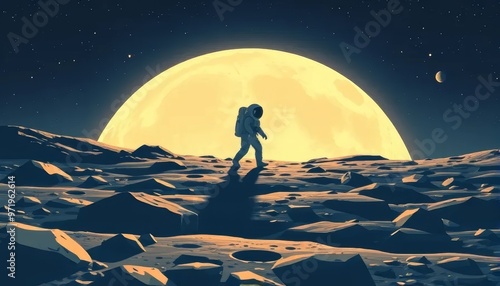 Astronaut Walking on the Moon Under Full Moonlight