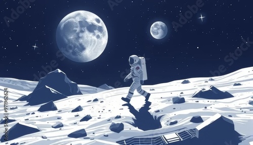 Astronaut Walking on the Moon Under Full Moonlight