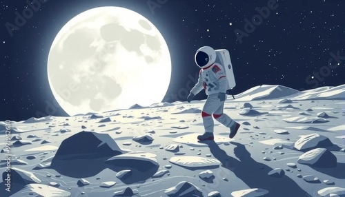 Astronaut Walking on the Moon Under Full Moonlight