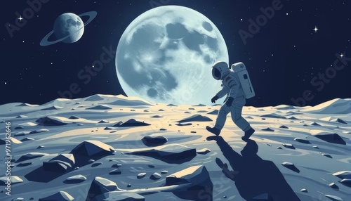 Astronaut Walking on the Moon Under Full Moonlight