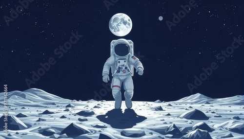 Astronaut Walking on the Moon Under Full Moonlight